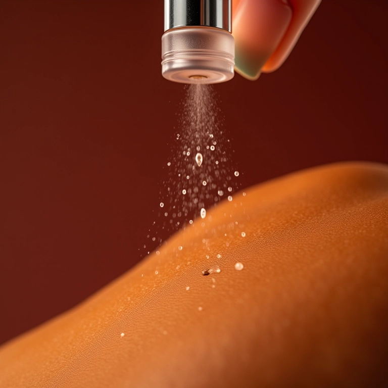 Close-up de perfume sendo borrifado na pele, mostrando a textura e as gotas.