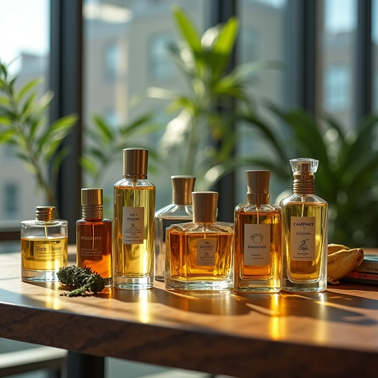 Coleção de perfumes femininos nacionais em ambiente de trabalho moderno.