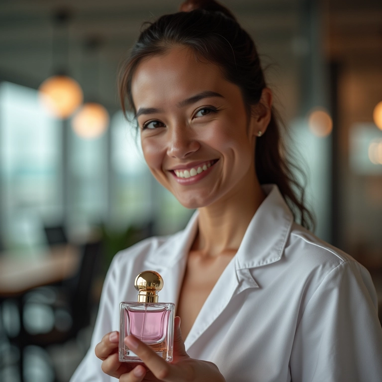Especialista sorrindo segurando um frasco de perfume em escritório.