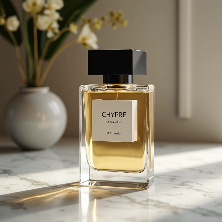 Frasco de perfume chipre moderno sobre mesa de mármore.