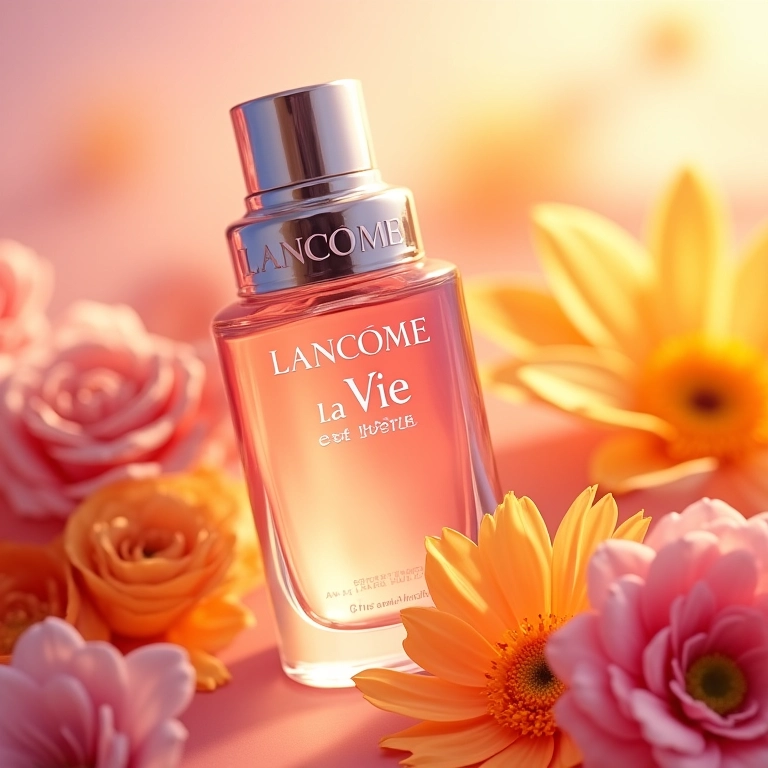 Frasco do Lancôme La Vie Est Belle, cercado por flores coloridas, com luz natural.