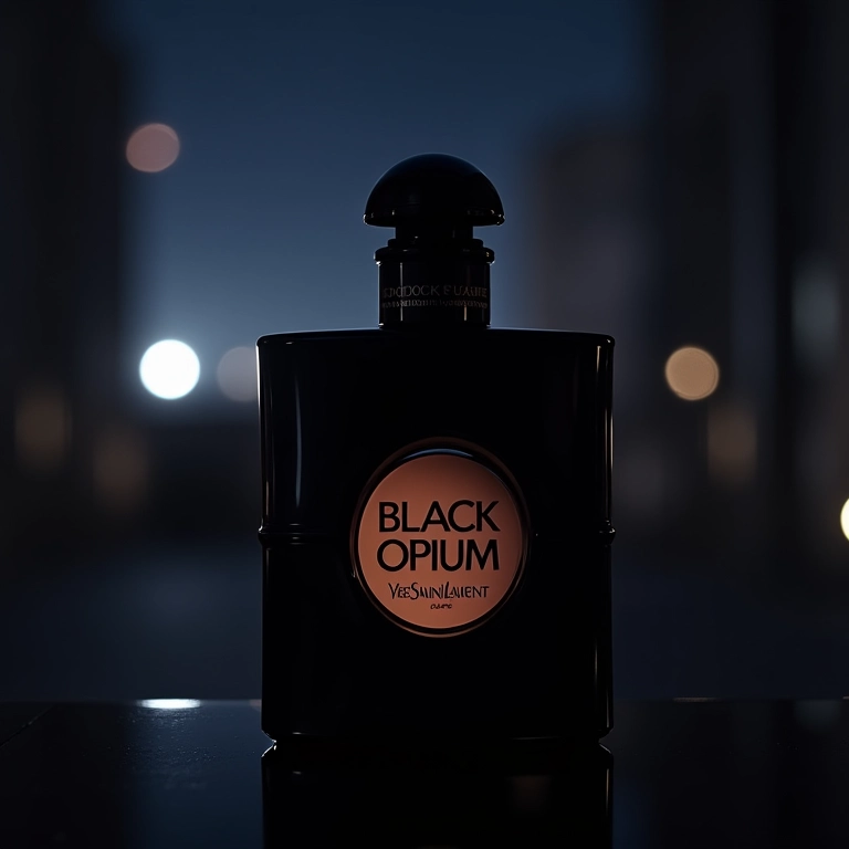 Frasco do Yves Saint Laurent Black Opium em um ambiente escuro e misterioso, com luzes noturnas.