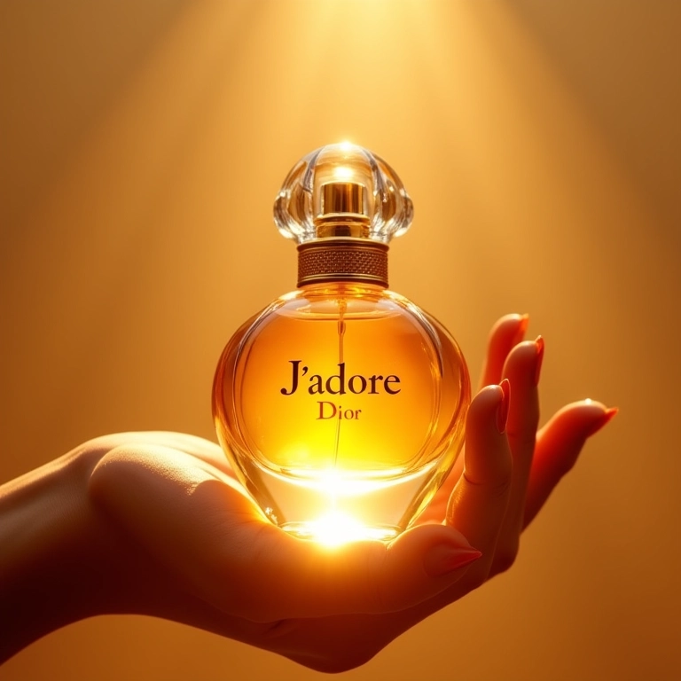 Frasco dourado do Dior J'adore, segurado por mãos femininas, com luz natural.