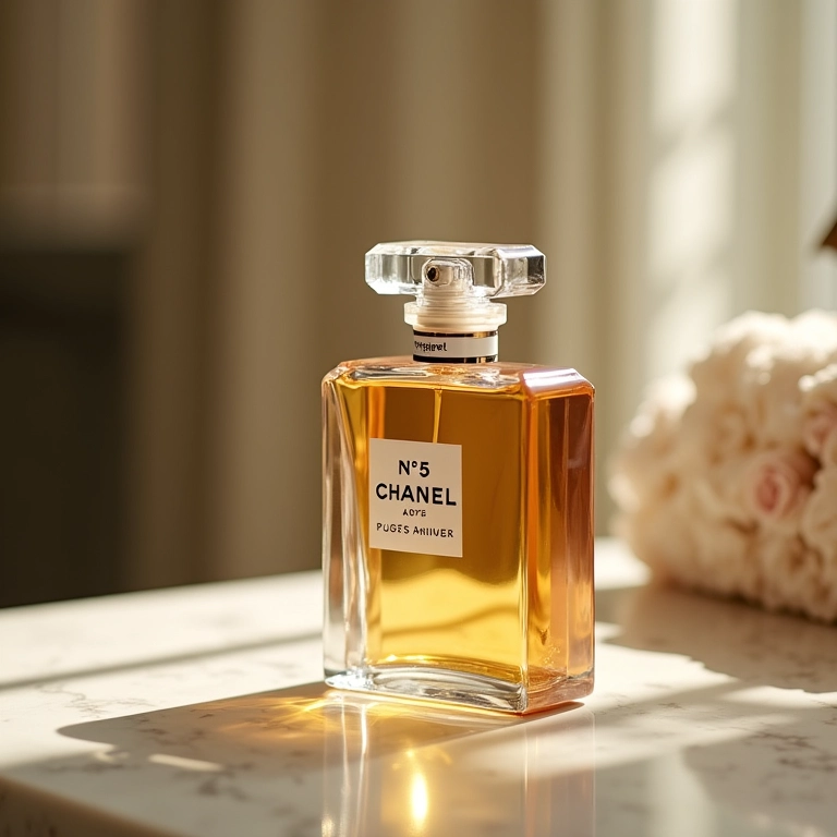 Frasco elegante do Chanel N°5 em uma penteadeira clássica, com um toque parisiense.