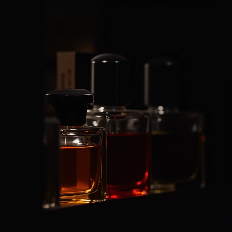 Frascos de perfume em um armário escuro e fresco, mostrando o armazenamento correto.