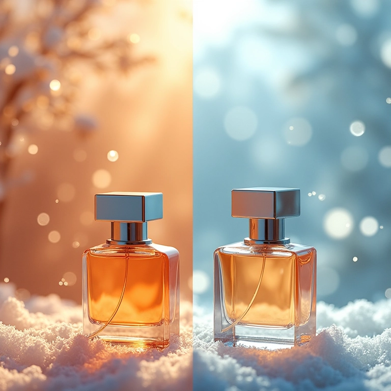Frascos de perfume exibidos em cenários de verão e inverno, contrastando as estações.