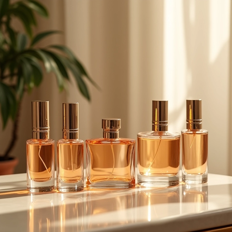Frascos de perfumes importados de luxo em uma penteadeira elegante, com iluminação suave e natural.