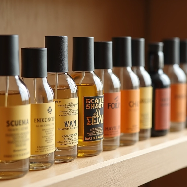 Frascos de perfumes nacionais alinhados em uma prateleira.