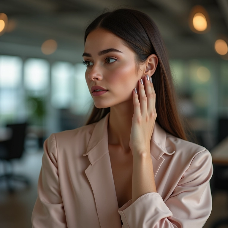 Mulher aplicando perfume atrás da orelha em ambiente de trabalho moderno.