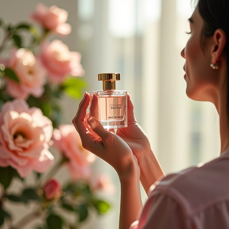 Mulher aplicando perfume floral leve no pulso em escritório iluminado.