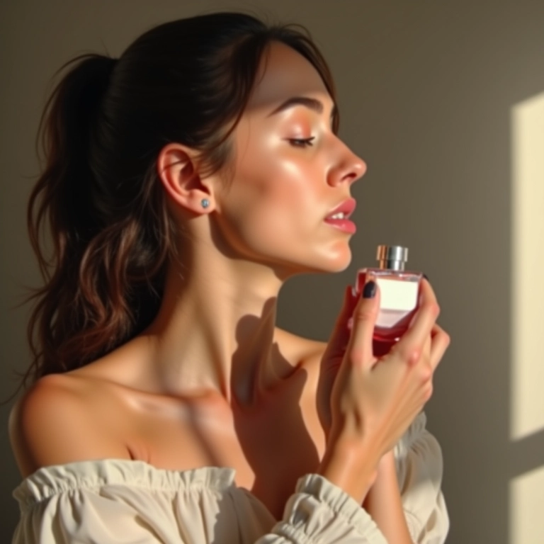 Mulher aplicando perfume no pescoço e atrás das orelhas.