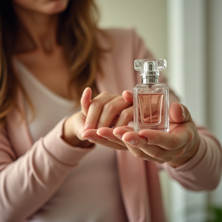 Mulher aplicando perfume no pulso, close-up mostrando o ponto de pulsação.