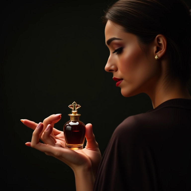 Mulher aplicando perfume oriental adocicado no pulso.