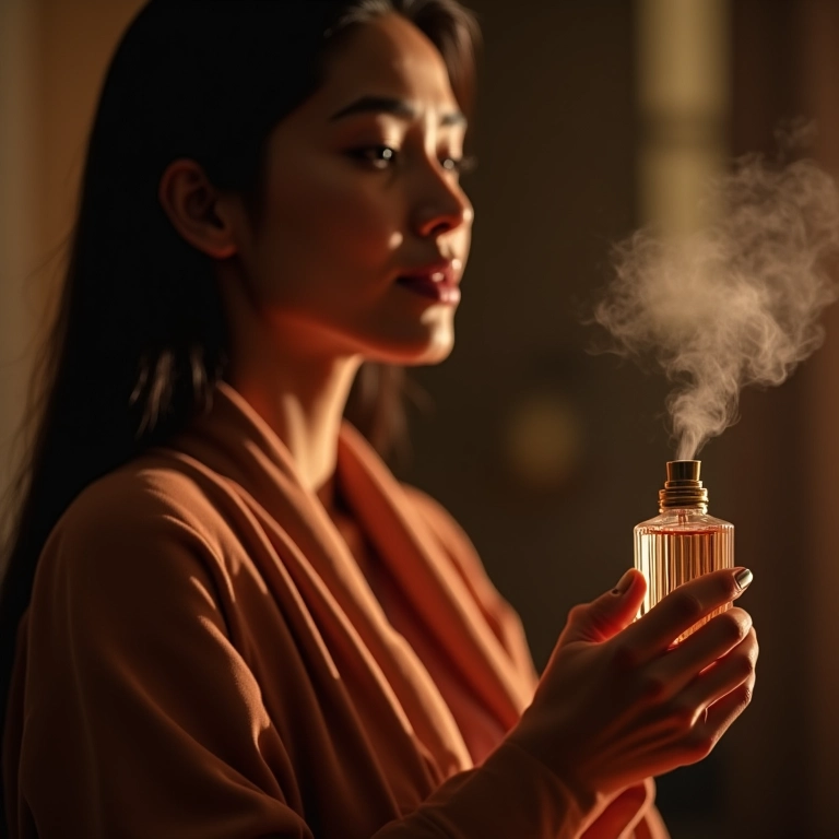 Mulher em escritório aconchegante aplicando perfume oriental discreto.