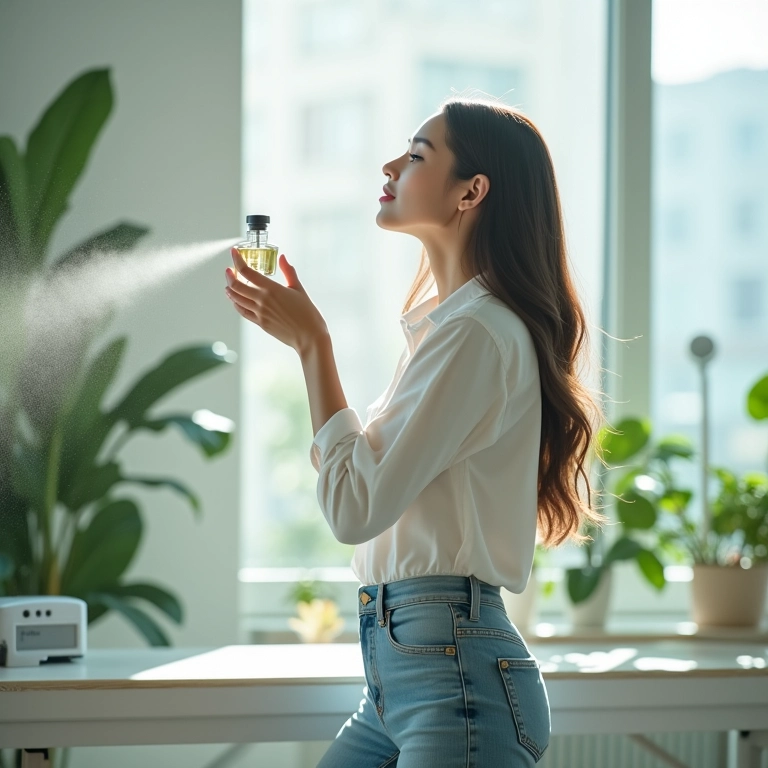Mulher em escritório iluminado aplicando perfume fresco e aquático.