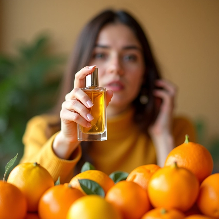 Mulher em escritório vibrante aplicando perfume cítrico energizante.