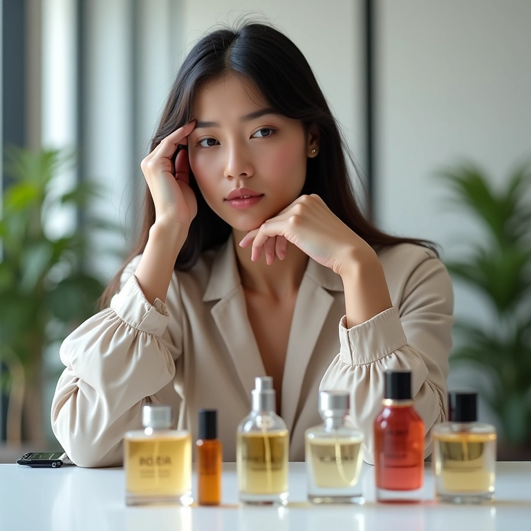 Mulher pensativa escolhendo perfume em ambiente de trabalho iluminado.