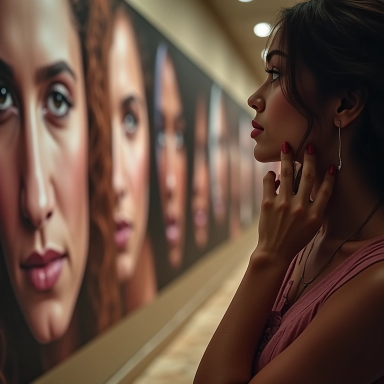 Mulher pensativa escolhendo um perfume, com pôsteres de marketing ao fundo.