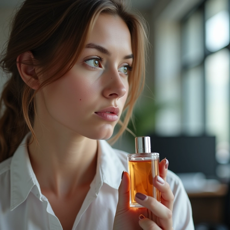Mulher ponderando sobre usar perfume doce no ambiente de trabalho.