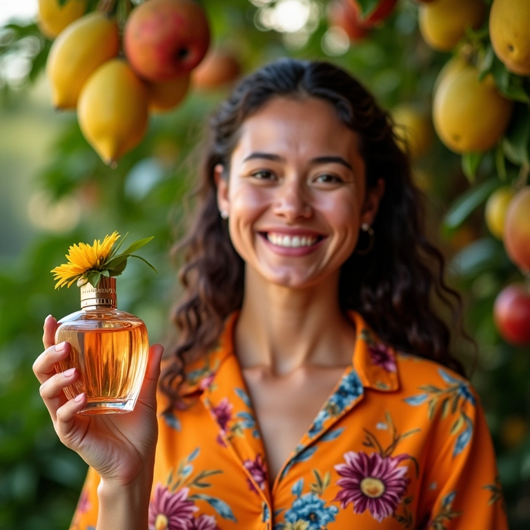Mulher sorrindo segurando perfume floral frutado nacional.