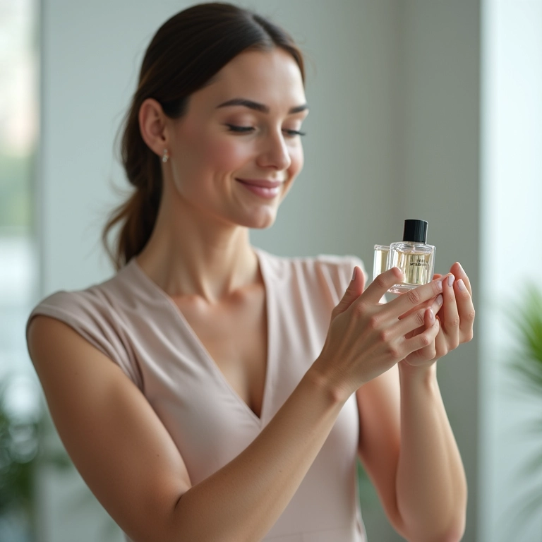 Mulher testando perfume no pulso em ambiente de trabalho iluminado.