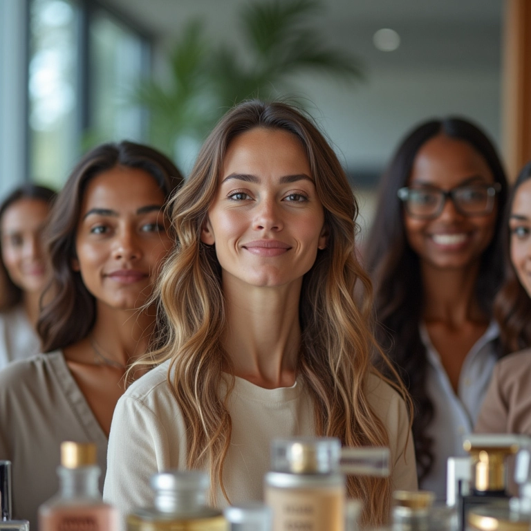 Mulheres diversas em ambiente de trabalho moderno usando diferentes perfumes.
