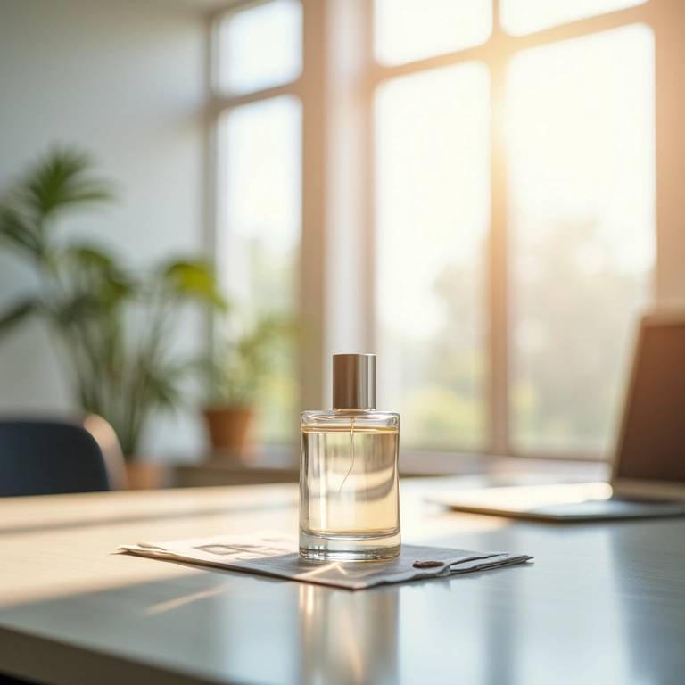 Nuvem sutil de perfume em ambiente de trabalho iluminado.